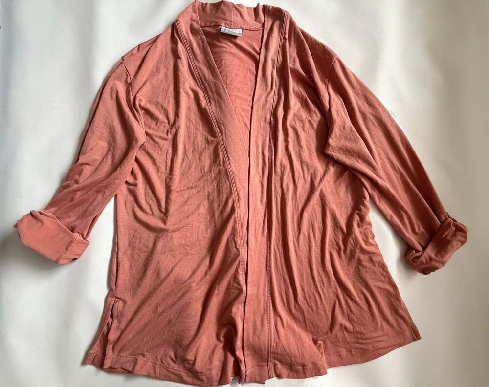 Columbia Cardigam L Coral Open Front 3/4 Roll Sleeve Lightweight Jersey Knit